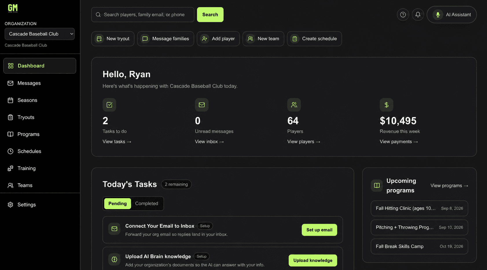 The Game Mode dashboard for a youth sports club: sidebar navigation for messages, seasons, tryouts, programs, schedules, training and teams; a player search bar with quick actions to start a tryout, message families or add a player; summary tiles for tasks to do, unread messages, player count and payments; a today's-tasks panel with setup steps; and a list of upcoming programs.